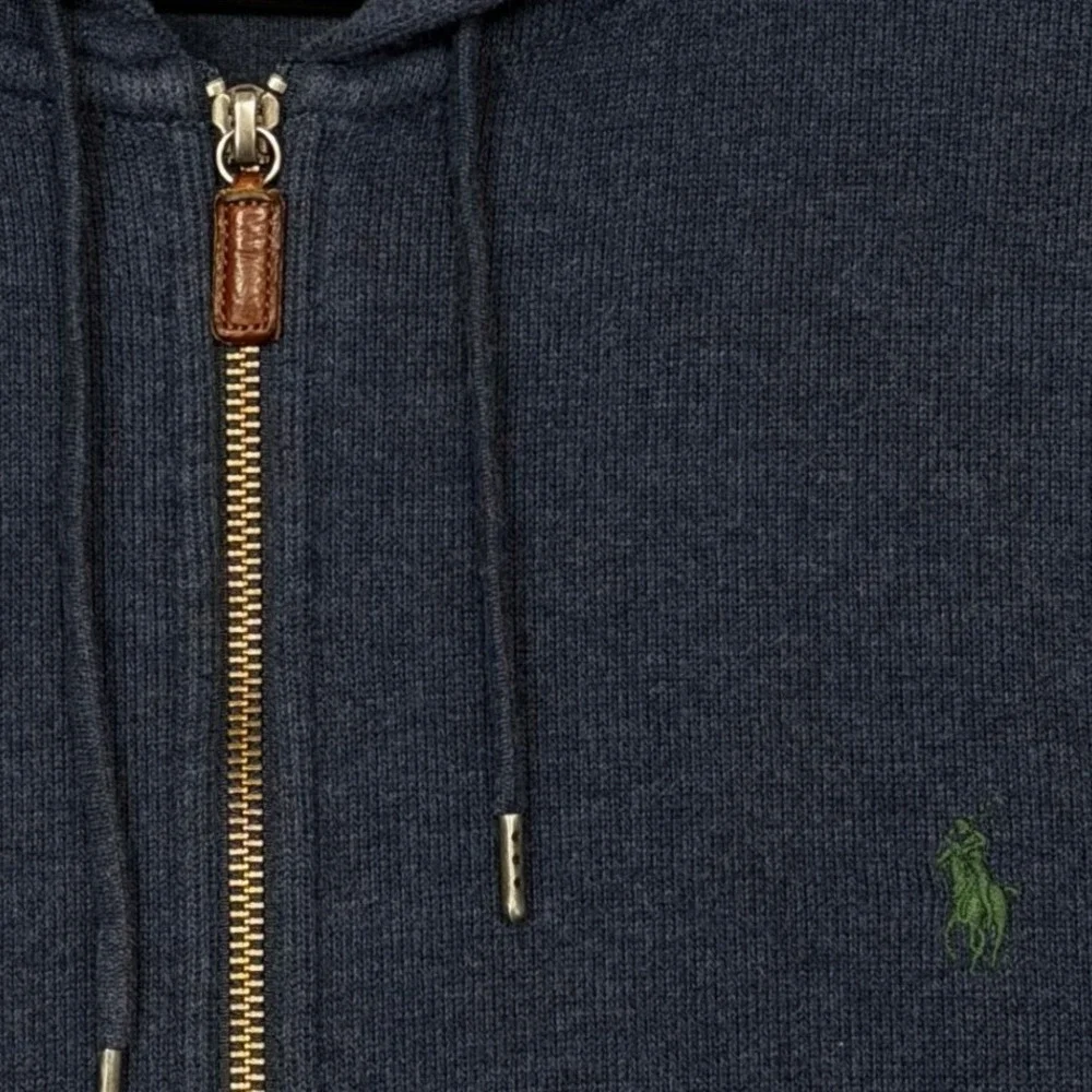 VTG Polo Ralph Lauren Knit Sweater Full Zip Hoodie Navy XL Leather Zip Preppy